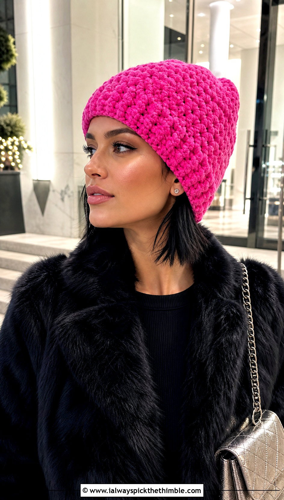 Pink Chenille Crochet Beanie With Faux Fur Coat - 25 pink crochet beanie outfit ideas
