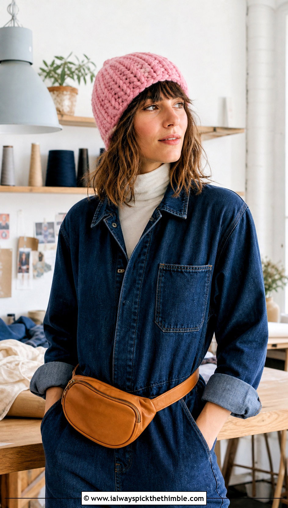 Pink Chunky Crochet Beanie With Denim Boiler Suit - 25 pink crochet beanie outfit ideas