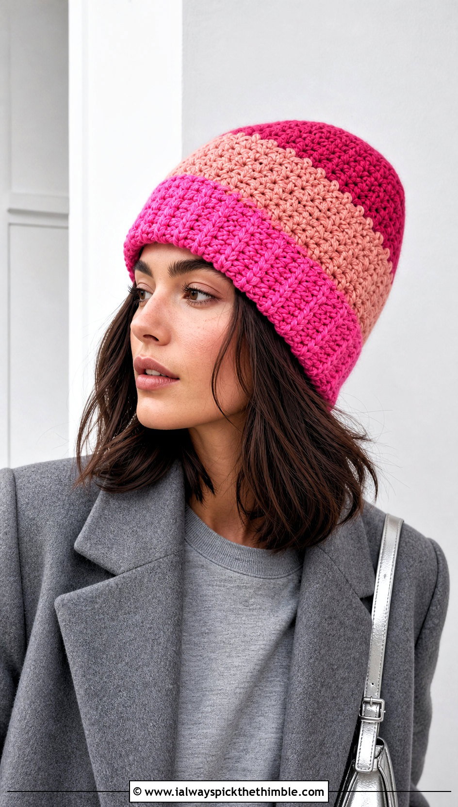 Pink Color Block Crochet Beanie With Monochrome Gray Outfit - 25 pink crochet beanie outfit ideas