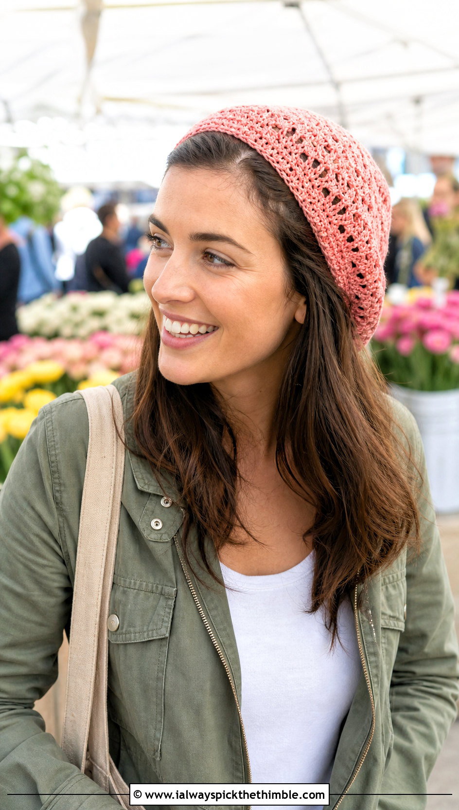 Pink Crochet Beanie With Utility Jacket - 15 spring pink crochet hat outfit ideas