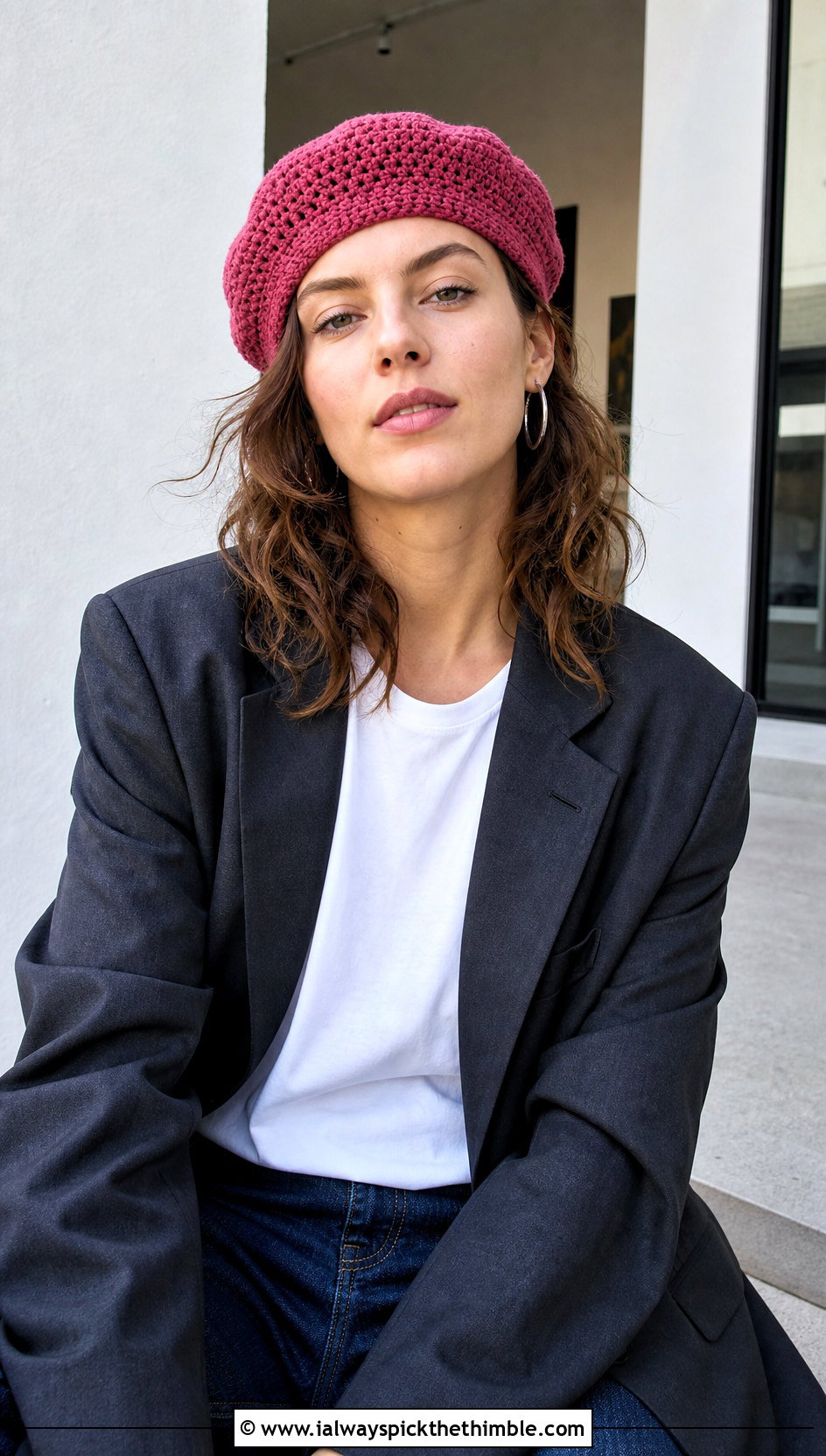 Pink Crochet Beret With Blazer And Jeans - 15 spring pink crochet hat outfit ideas