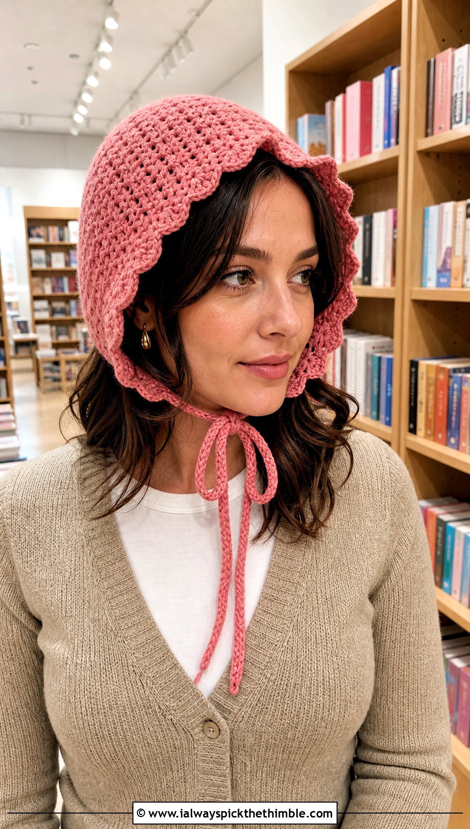 Pink Crochet Bonnet With Cardigan And Trousers - 15 spring pink crochet hat outfit ideas