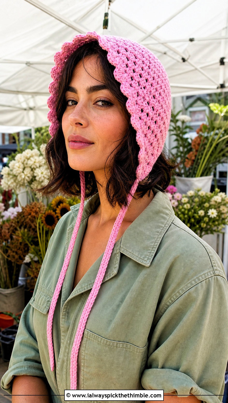 Pink Crochet Bonnet With Utility Jumpsuit - 25 pink crochet hat outfit ideas