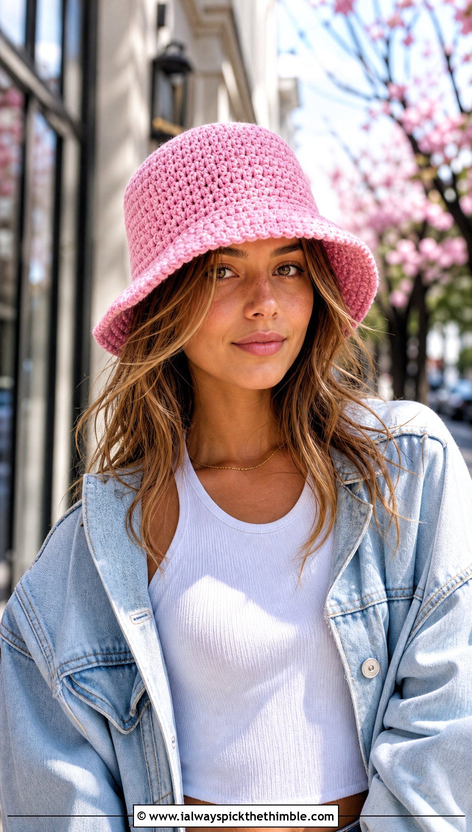 Pink Crochet Bucket Hat With Denim Jacket - 15 spring pink crochet hat outfit ideas