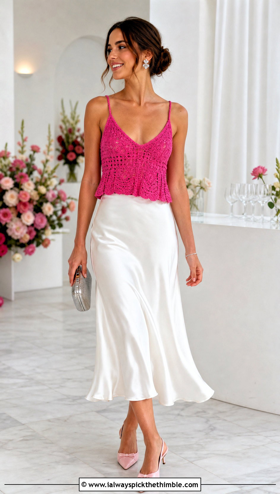 Pink Crochet Camisole With White Satin Midi Skirt - 20 white and pink crochet top outfit ideas