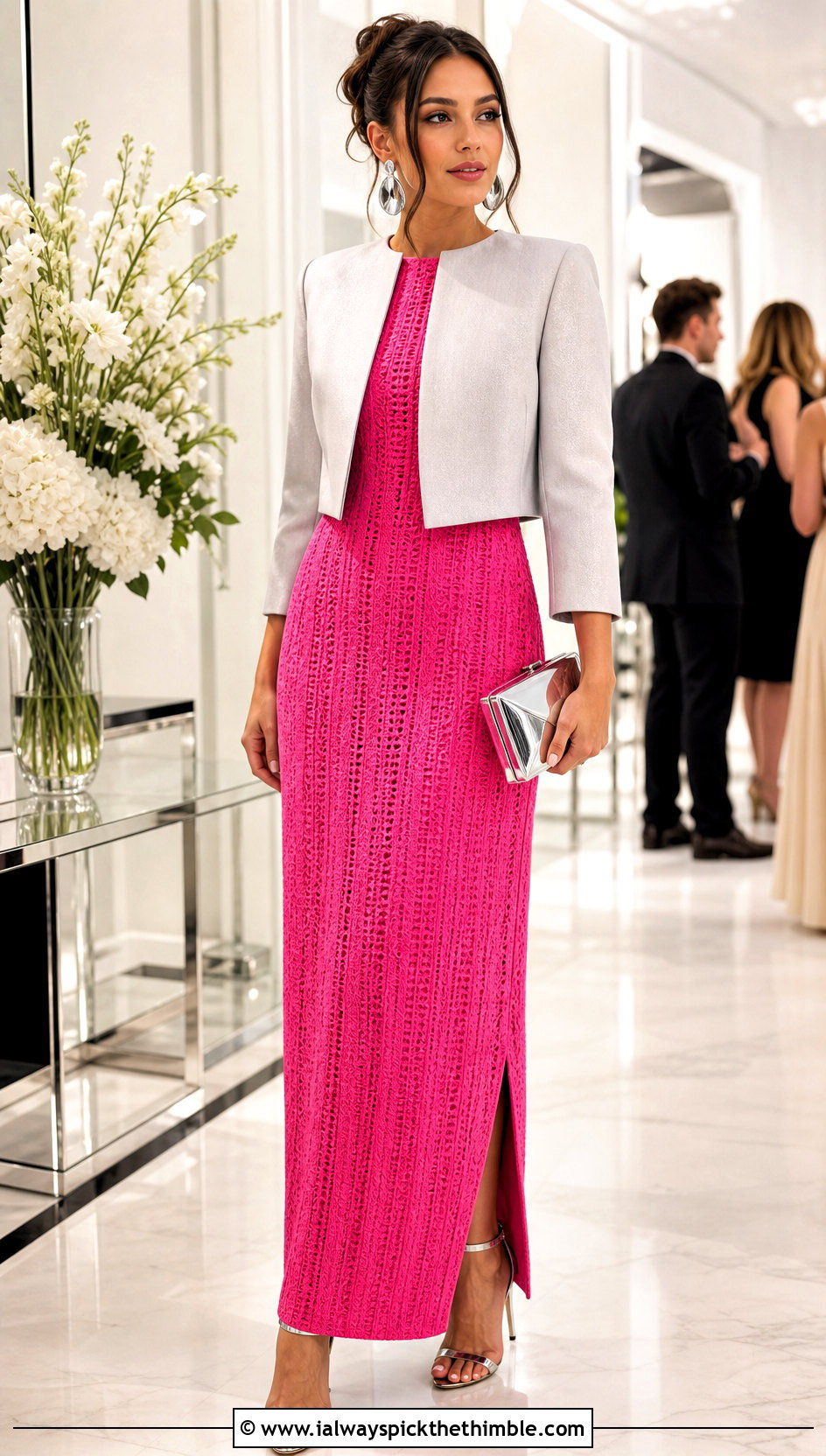 Pink Crochet Column Dress With Metallic Heels - 25 pink crochet dress outfit ideas