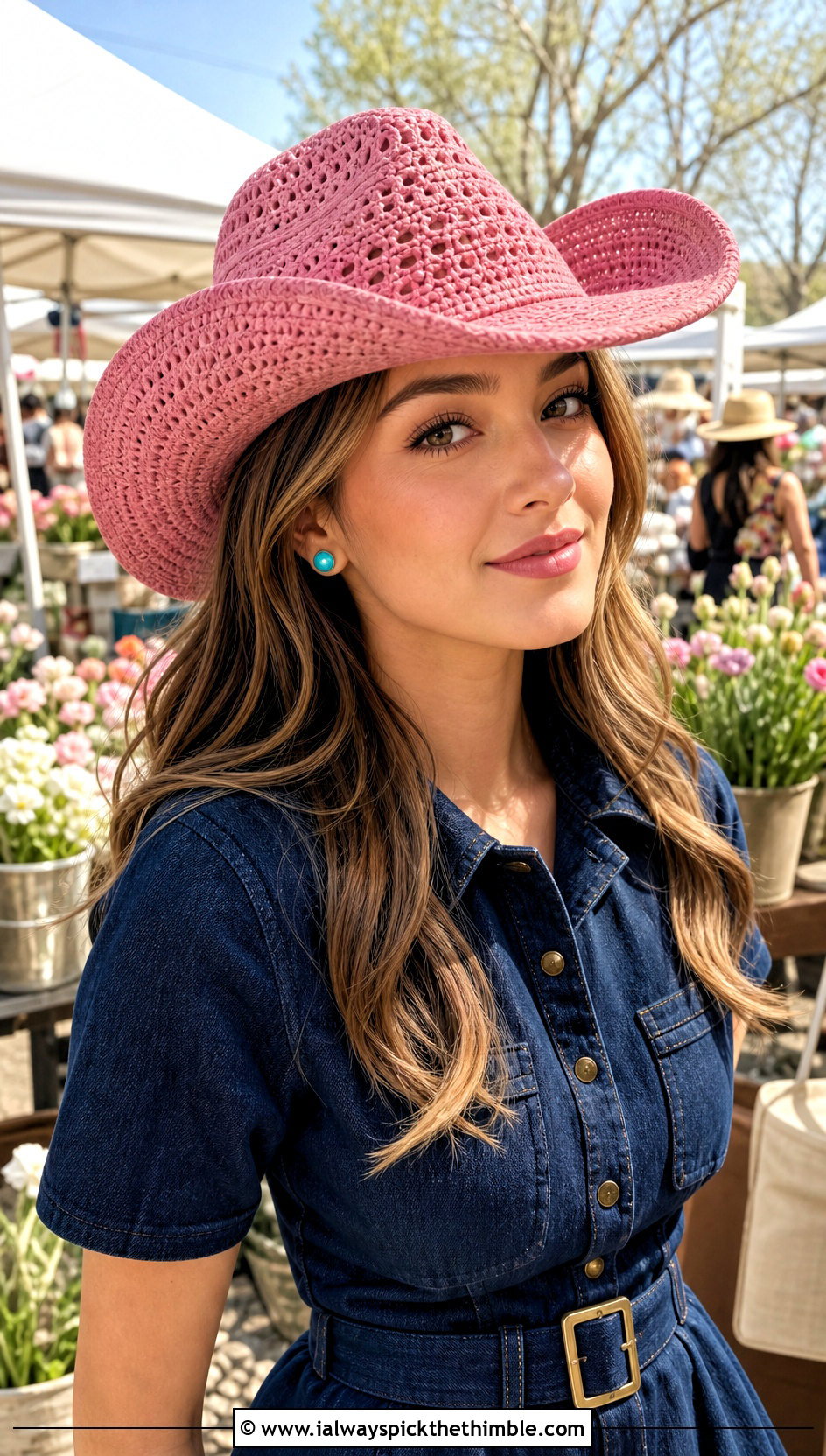 Pink Crochet Cowboy Hat With Denim Dress - 15 spring pink crochet hat outfit ideas