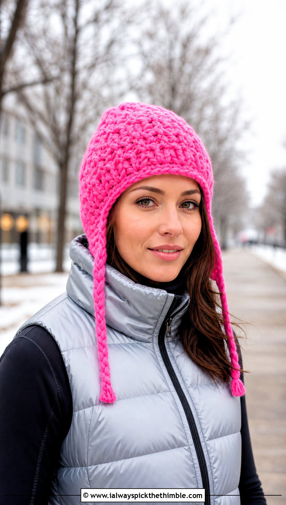 Pink Crochet Earflap Hat With Puffer Vest - 25 pink crochet hat outfit ideas