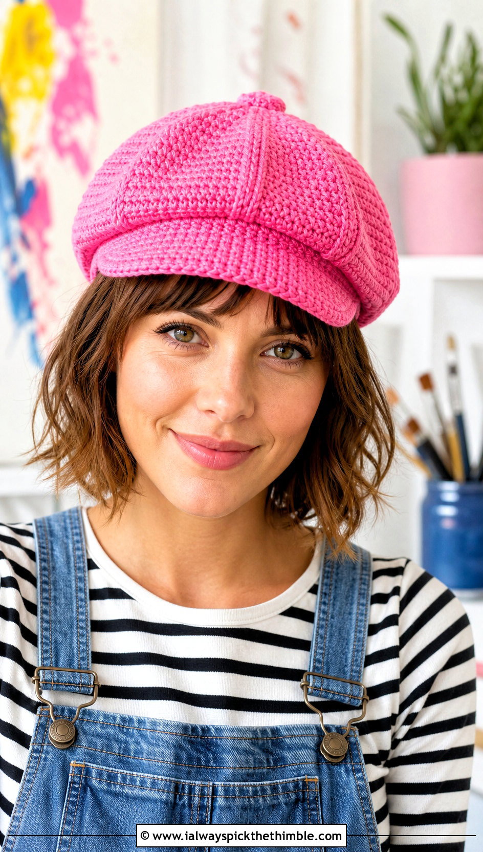 Pink Crochet Newsboy Cap With Denim Overalls - 25 pink crochet hat outfit ideas