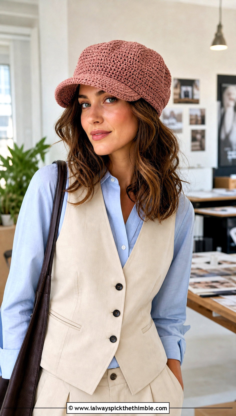 Pink Crochet Newsboy Cap With Vest And Trousers - 15 spring pink crochet hat outfit ideas
