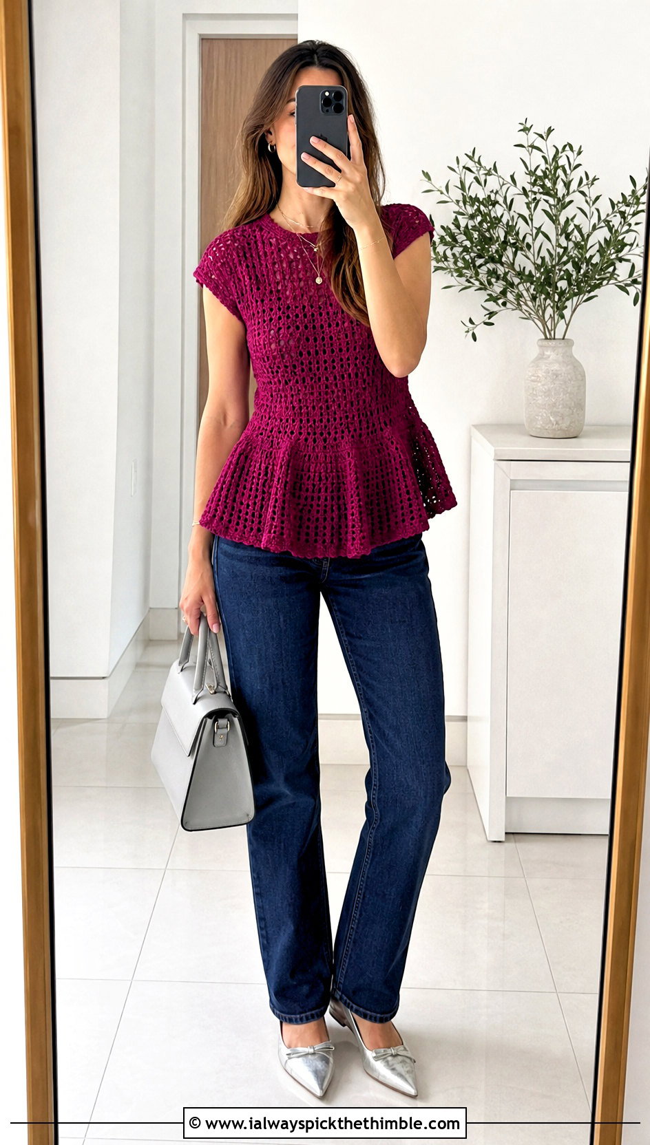 Pink Crochet Peplum Top With Straight Leg Jeans - 15 pink summer crochet top outfit ideas