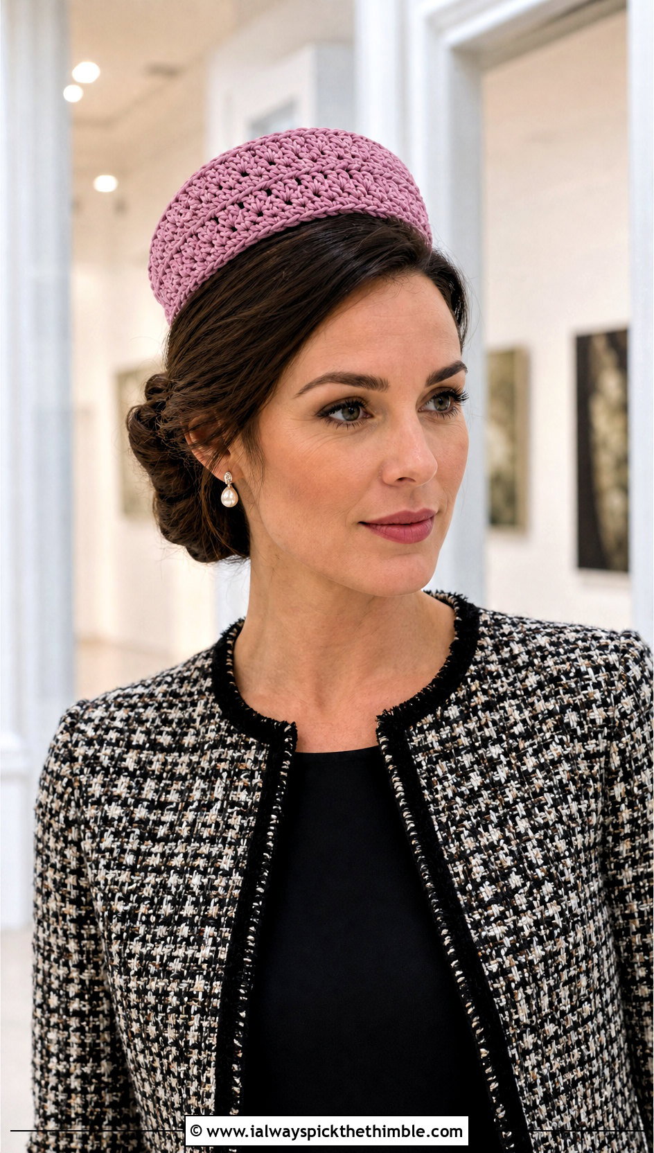 Pink Crochet Pillbox Hat With Tweed Jacket - 25 pink crochet hat outfit ideas