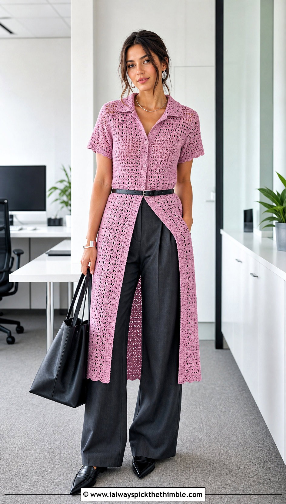 Pink Crochet Shirt Dress With Tailored Trousers - 25 pink crochet dress outfit ideas