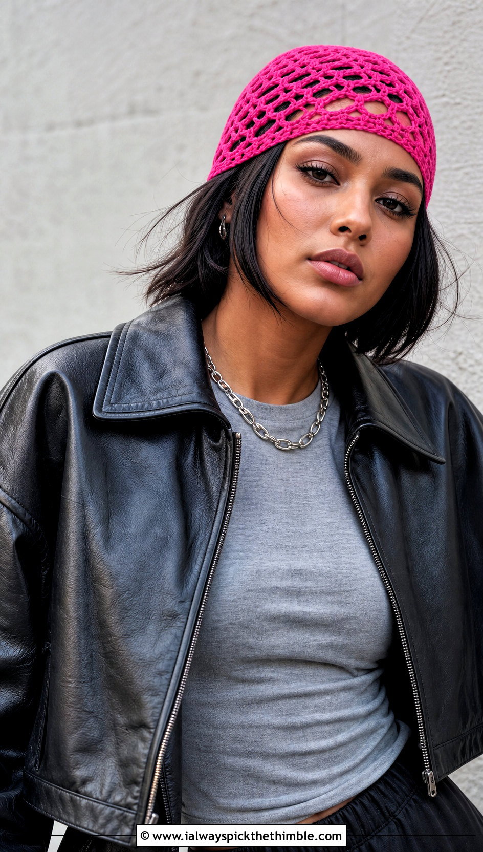 Pink Crochet Skull Cap With Leather Jacket - 15 spring pink crochet hat outfit ideas
