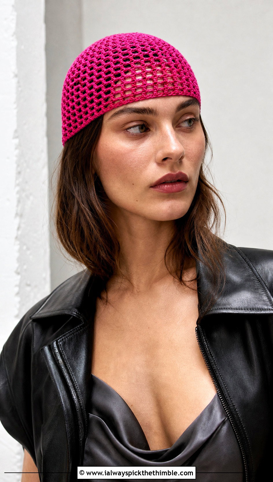 Pink Crochet Skull Cap With Satin Slip Dress - 25 pink crochet hat outfit ideas