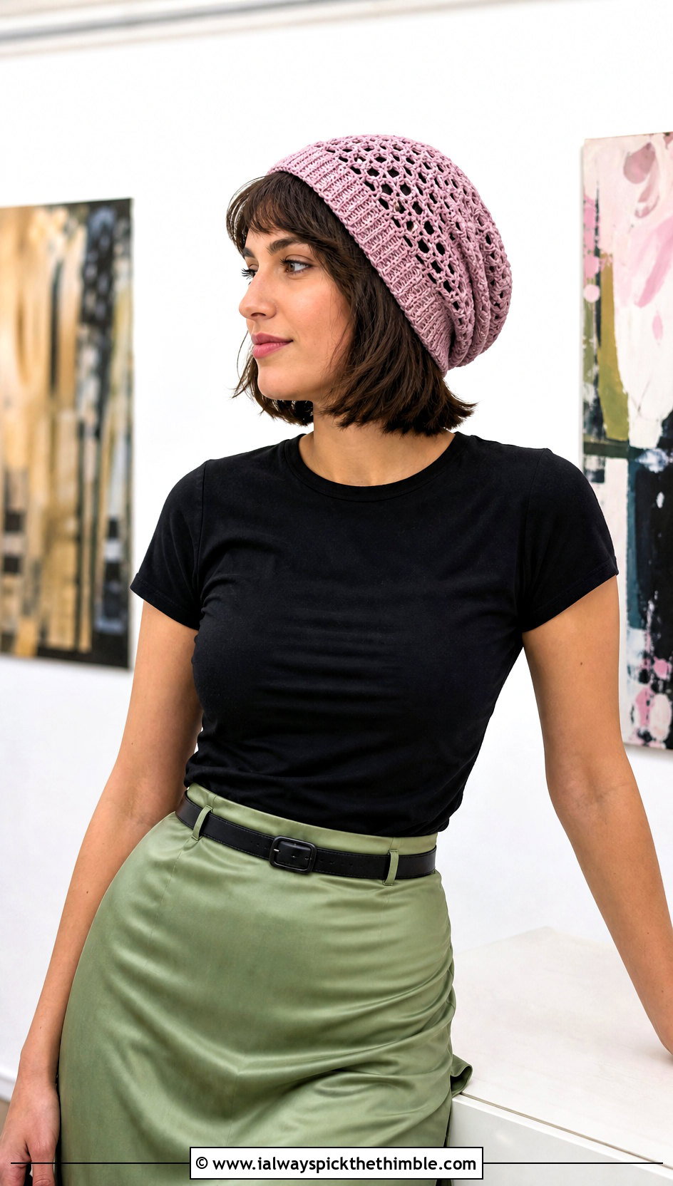 Pink Crochet Slouch Hat With Satin Skirt - 15 spring pink crochet hat outfit ideas