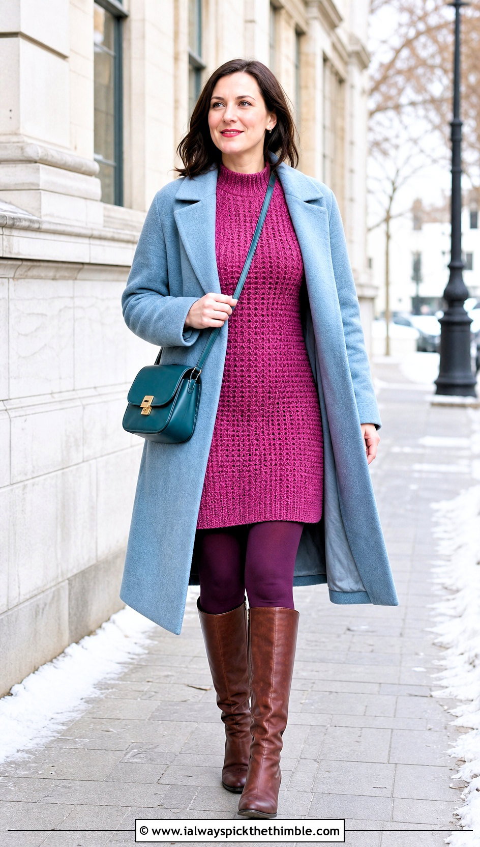 Pink Crochet Sweater Dress With Knee High Boots - 20 Pink Crochet Dress Outfits ideas