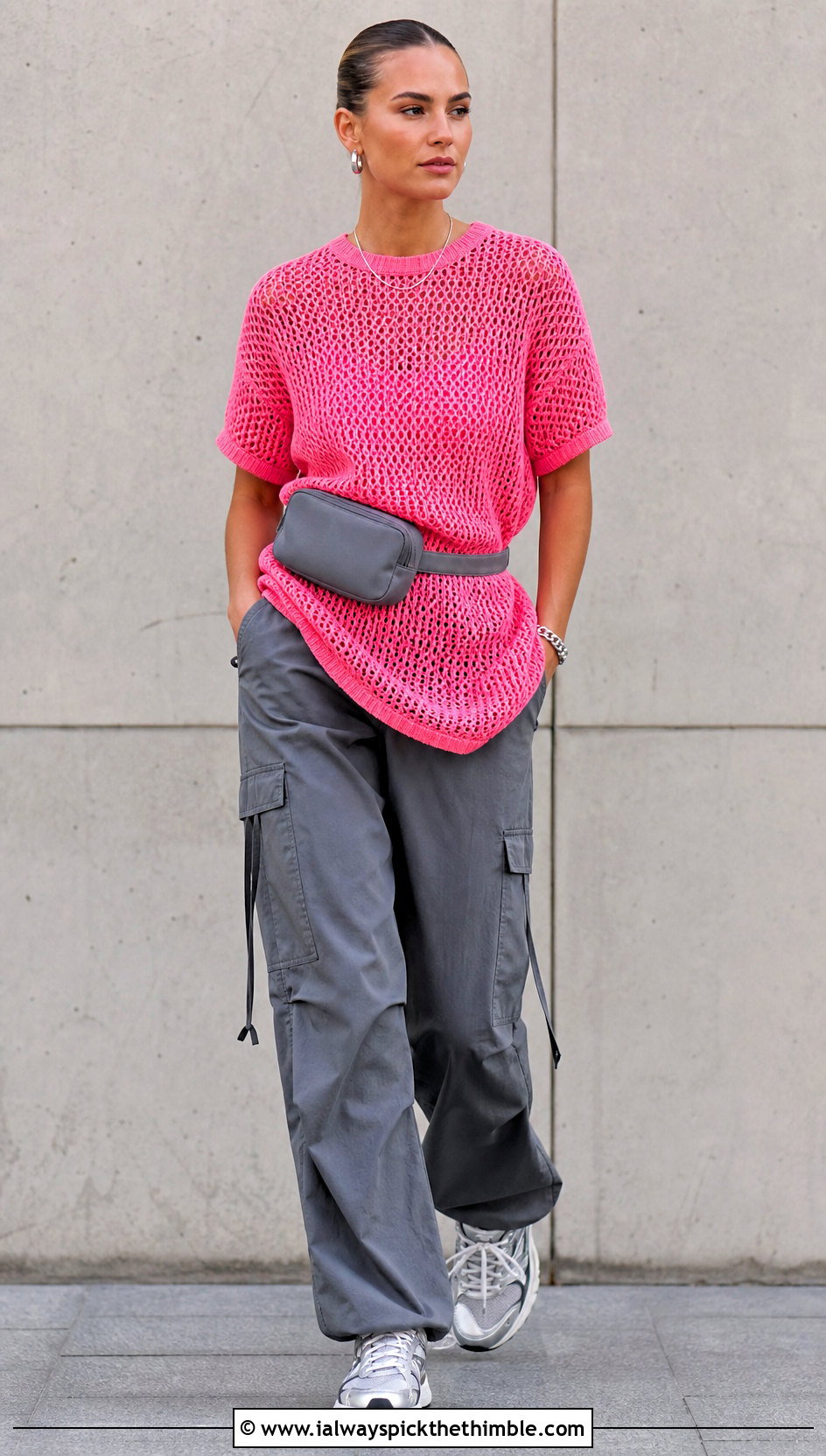 Pink Crochet T Shirt Dress With Cargo Pants - 25 pink crochet dress outfit ideas