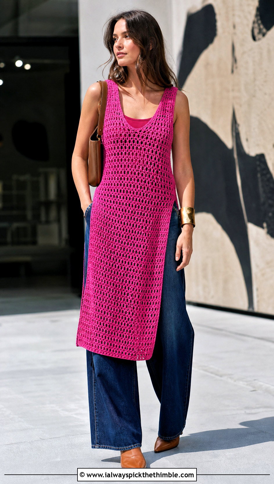 Pink Crochet Tunic Dress With Wide Leg Jeans - 25 pink crochet dress outfit ideas