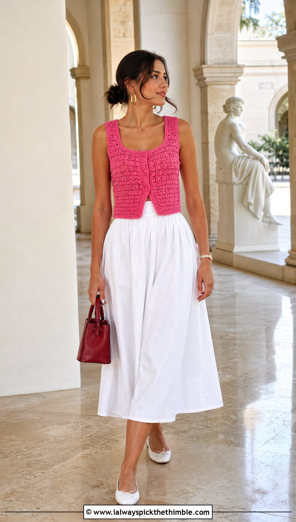 Pink Crochet Vest Top With White Poplin Skirt - 20 white and pink crochet top outfit ideas