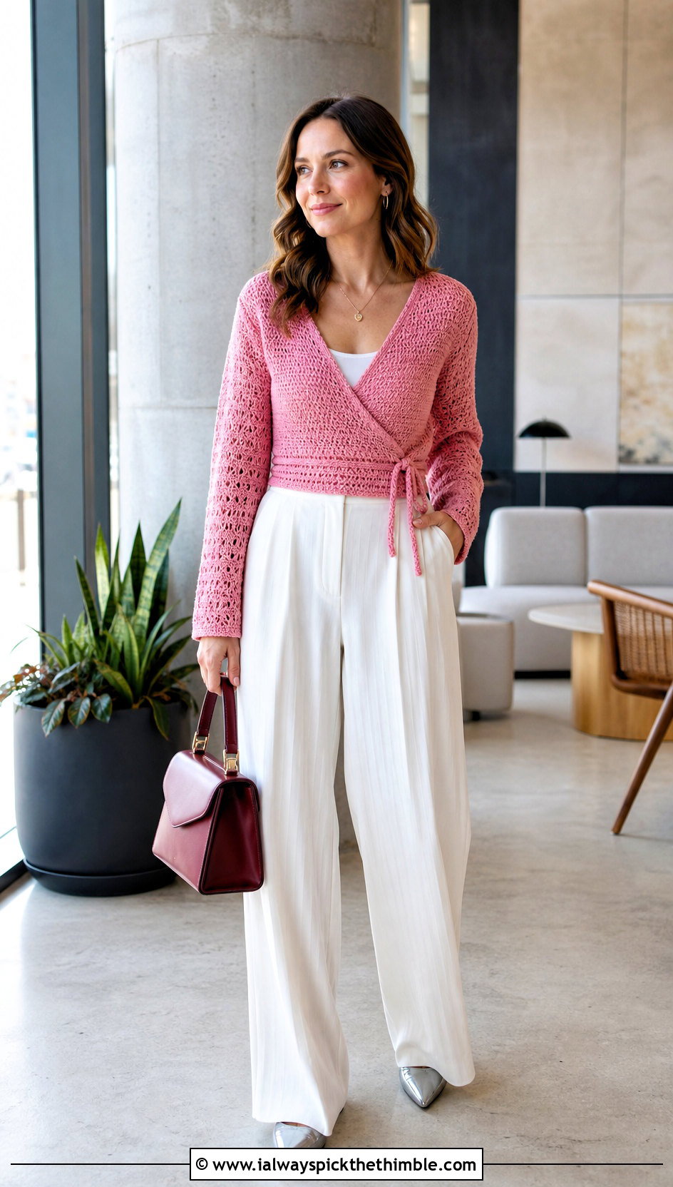 Pink Crochet Wrap Top With White Pleated Trousers - 20 white and pink crochet top outfit ideas