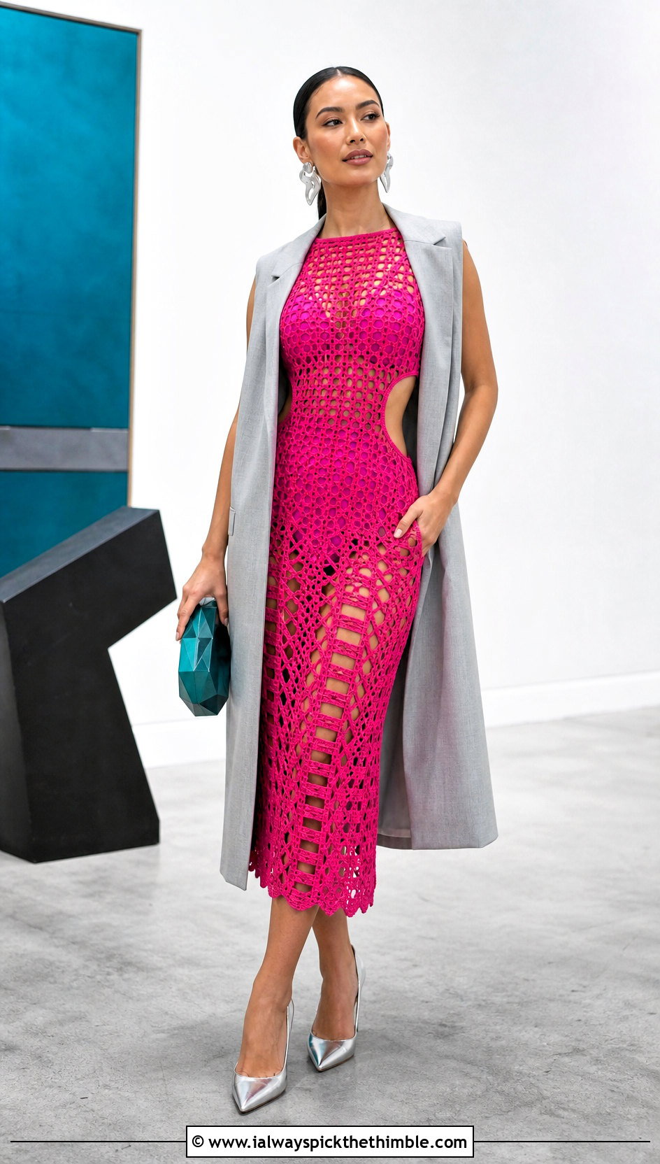 Pink Cutout Crochet Midi Dress With Longline Vest - 20 Pink Crochet Dress Outfits ideas