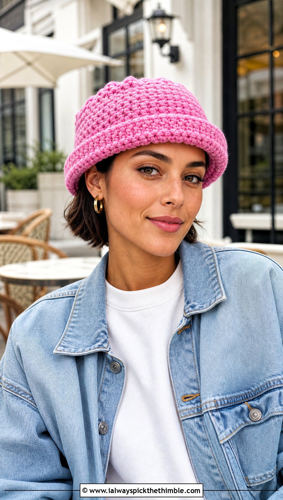 Pink Fisherman Crochet Beanie With Denim Jacket - 25 pink crochet beanie outfit ideas