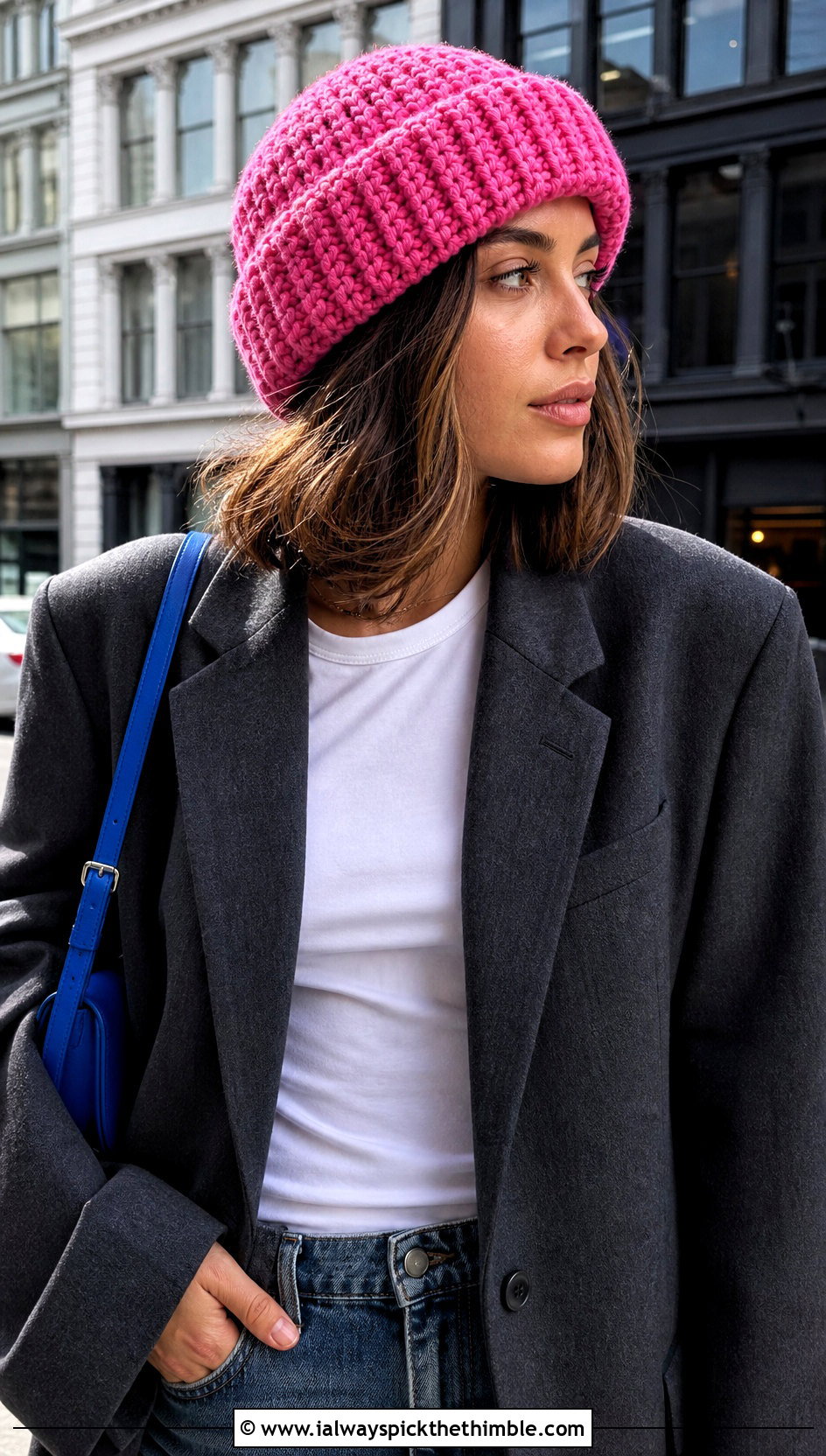 Pink Fisherman Crochet Beanie With Oversized Blazer - 25 pink crochet hat outfit ideas