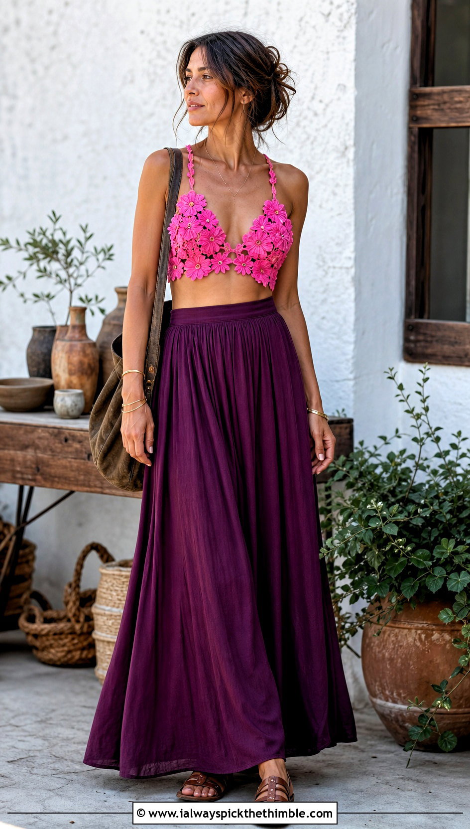 Pink Floral Applique Crochet Bralette Top With Maxi Skirt - 15 pink summer crochet top outfit ideas