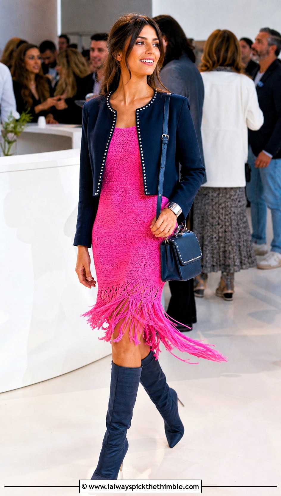 Pink Fringe Crochet Dress With Denim Boots - 25 pink crochet dress outfit ideas