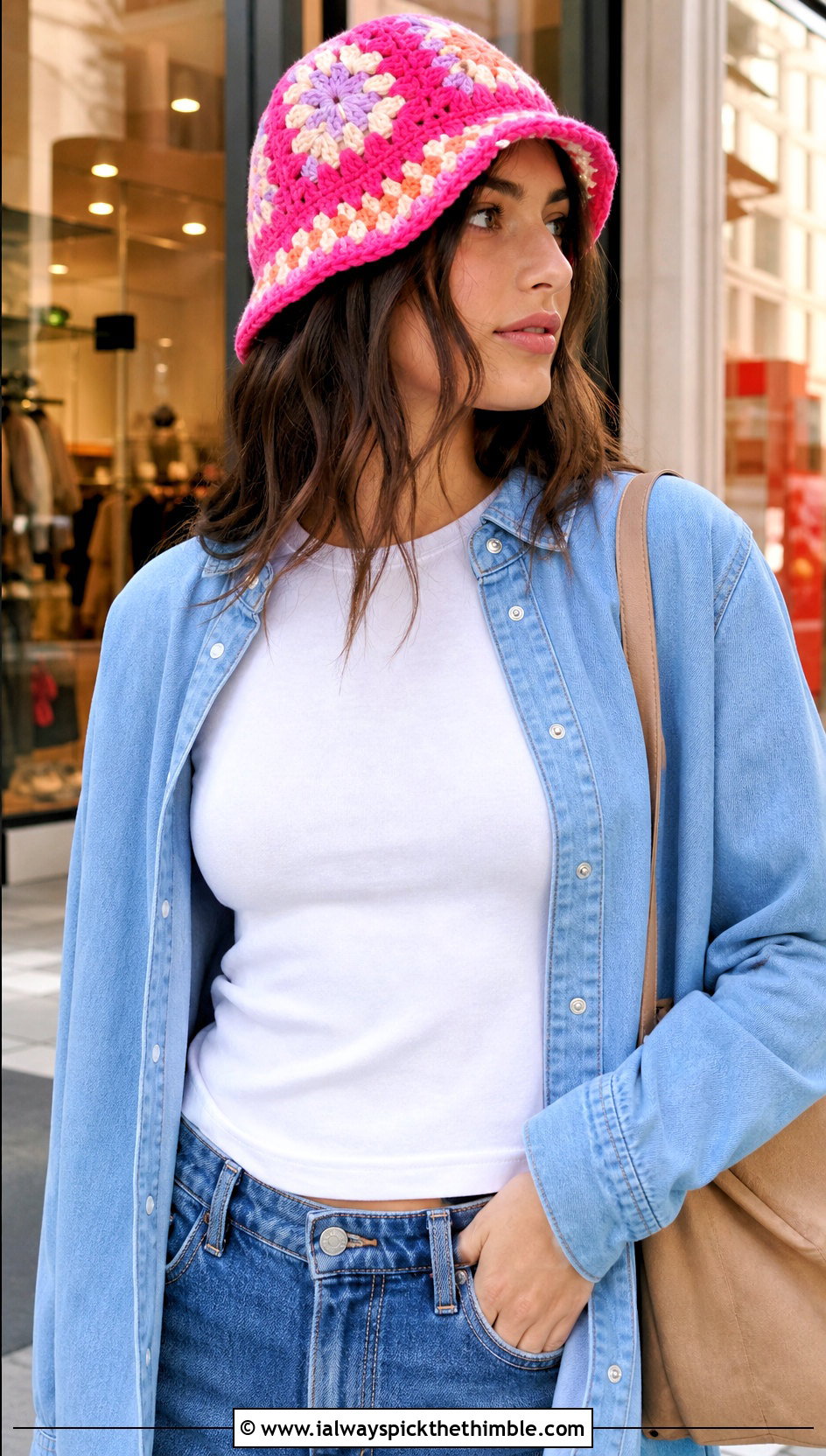 Pink Granny Square Bucket Hat With Barrel Jeans - 25 pink crochet hat outfit ideas
