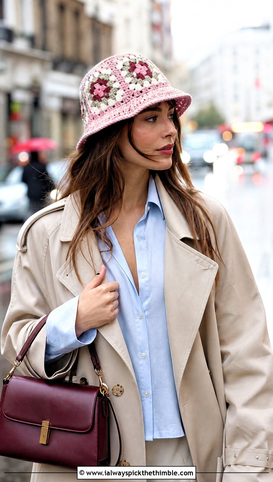Pink Granny Square Bucket Hat With Trench Coat - 15 spring pink crochet hat outfit ideas