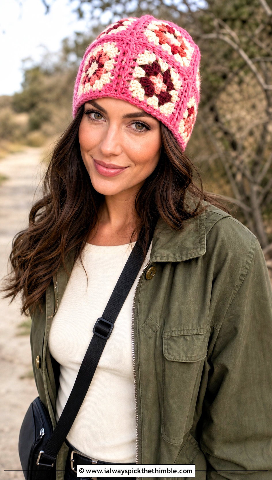 Pink Granny Square Crochet Beanie With Utility Jacket - 25 pink crochet beanie outfit ideas