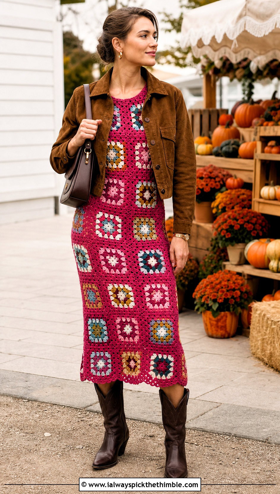 Pink Granny Square Crochet Midi Dress With Cowboy Boots - 25 pink crochet dress outfit ideas