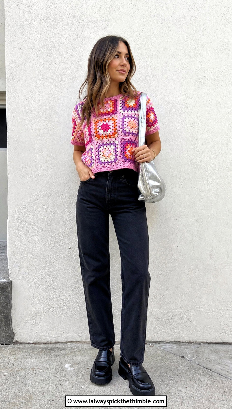 Pink Granny Square Crochet Top With Black Jeans - 25 pink crochet top outfit ideas