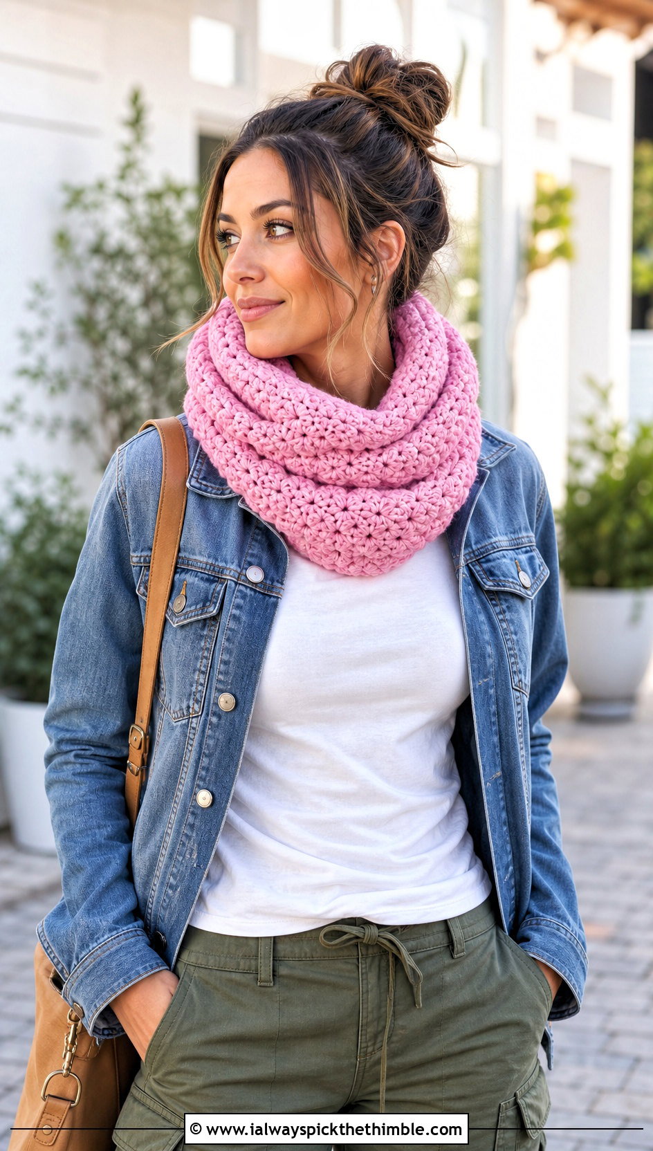 Pink Infinity Crochet Cowl With Denim Jacket - 15 pink crochet cowl outfit ideas
