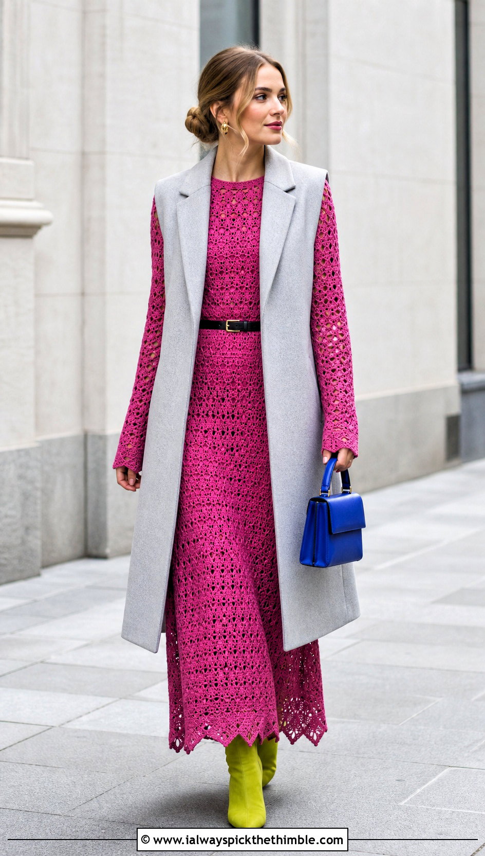 Pink Long Sleeve Crochet Maxi Dress With Ankle Boots - 20 Pink Crochet Dress Outfits ideas