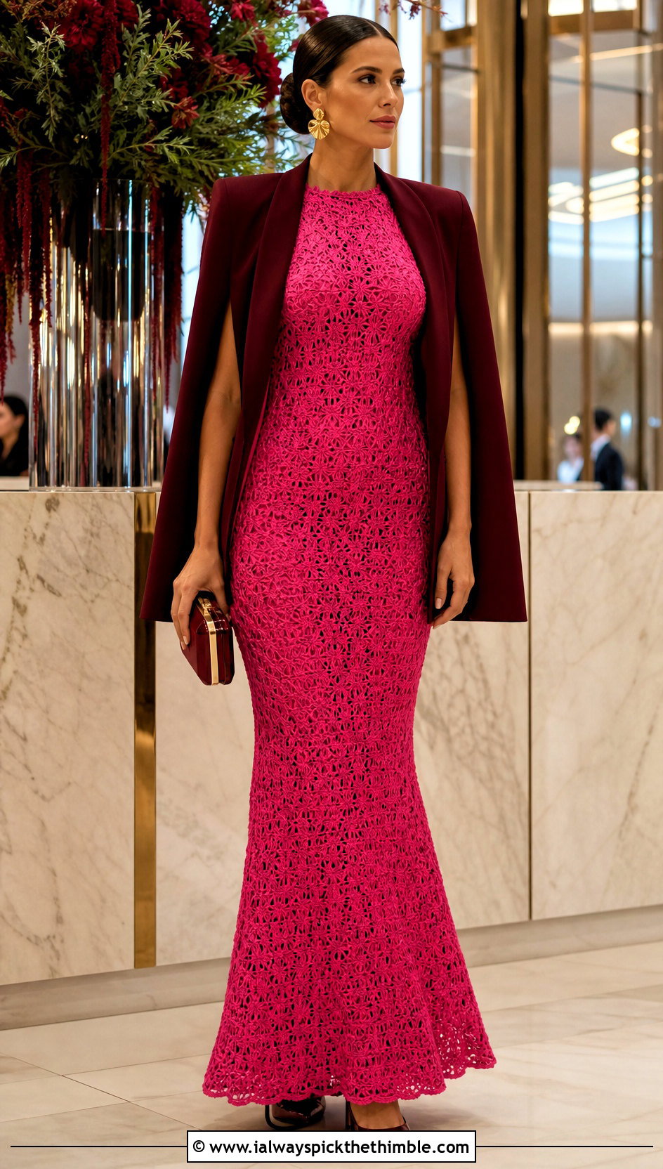 Pink Mermaid Crochet Maxi Dress With Cape Blazer - 25 pink crochet dress outfit ideas