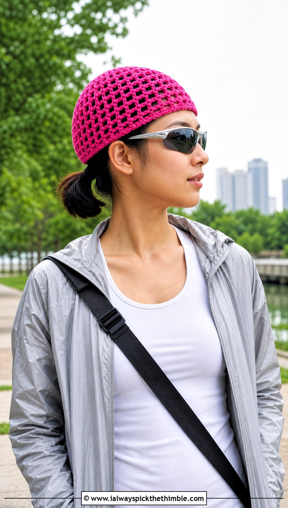 Pink Mesh Crochet Beanie With Sporty Windbreaker - 25 pink crochet beanie outfit ideas