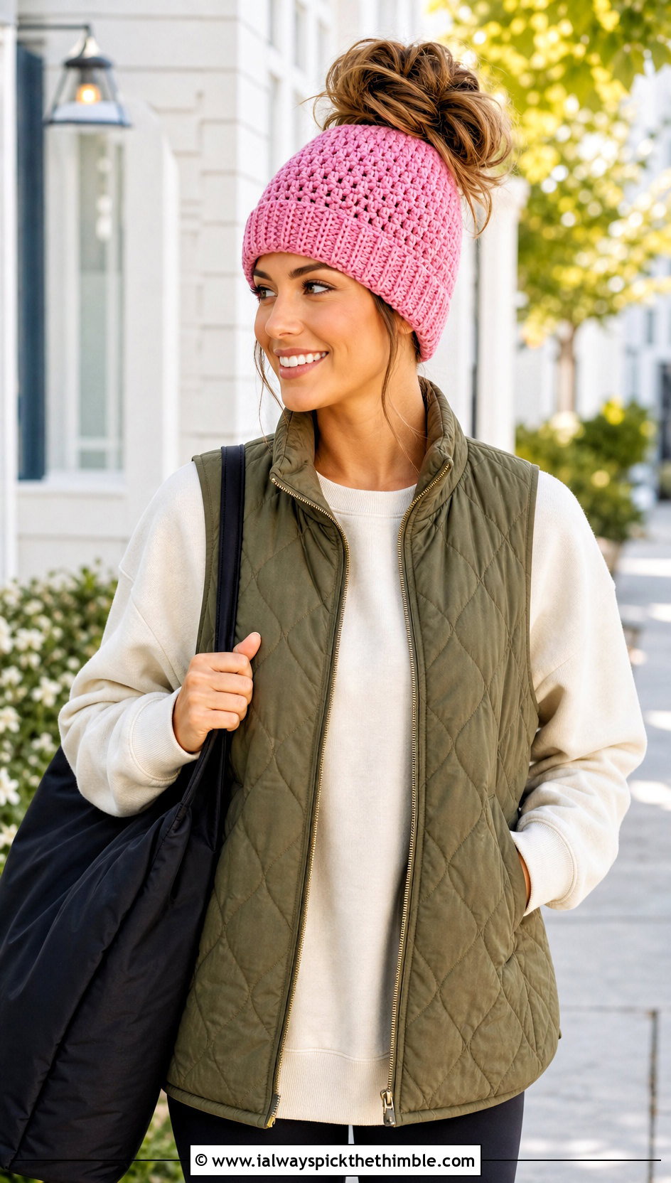 Pink Messy Bun Crochet Beanie With Quilted Vest - 25 pink crochet beanie outfit ideas