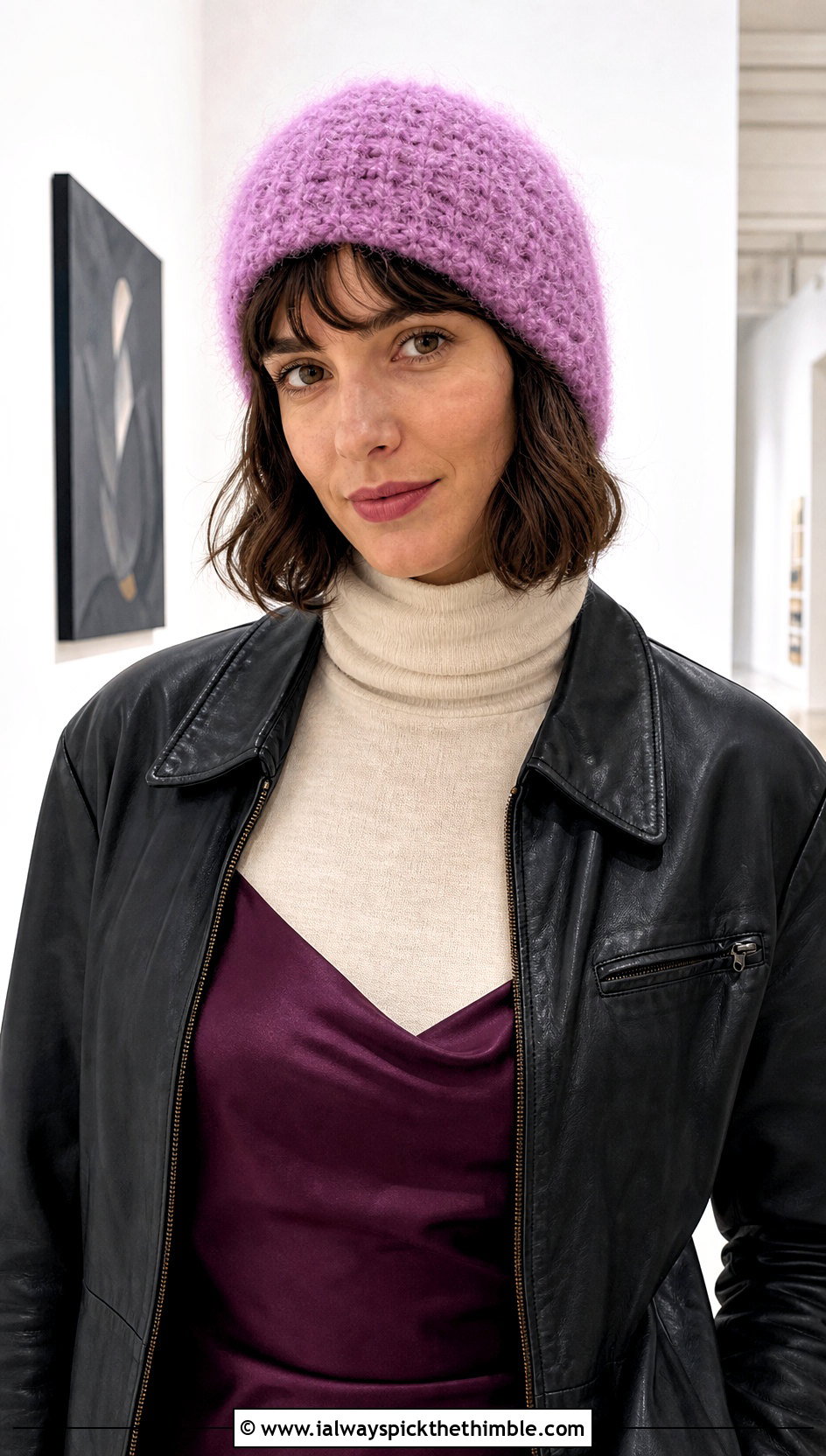 Pink Mohair Look Crochet Beanie With Slip Dress - 25 pink crochet beanie outfit ideas