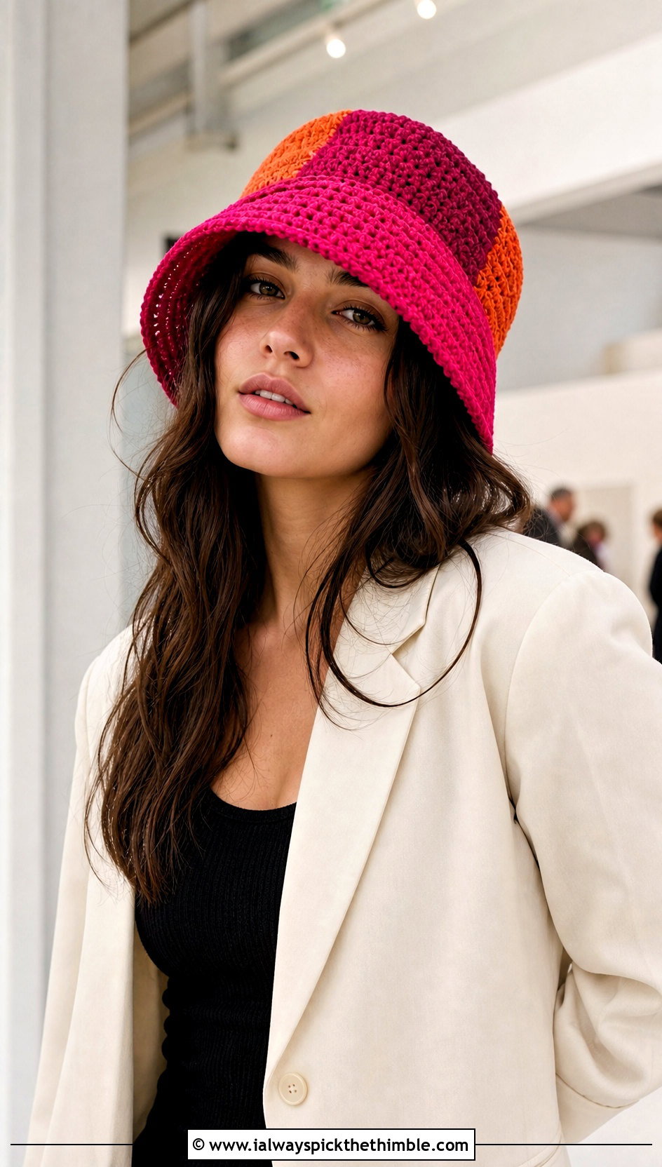 Pink Patchwork Crochet Bucket Hat With White Suit - 25 pink crochet hat outfit ideas