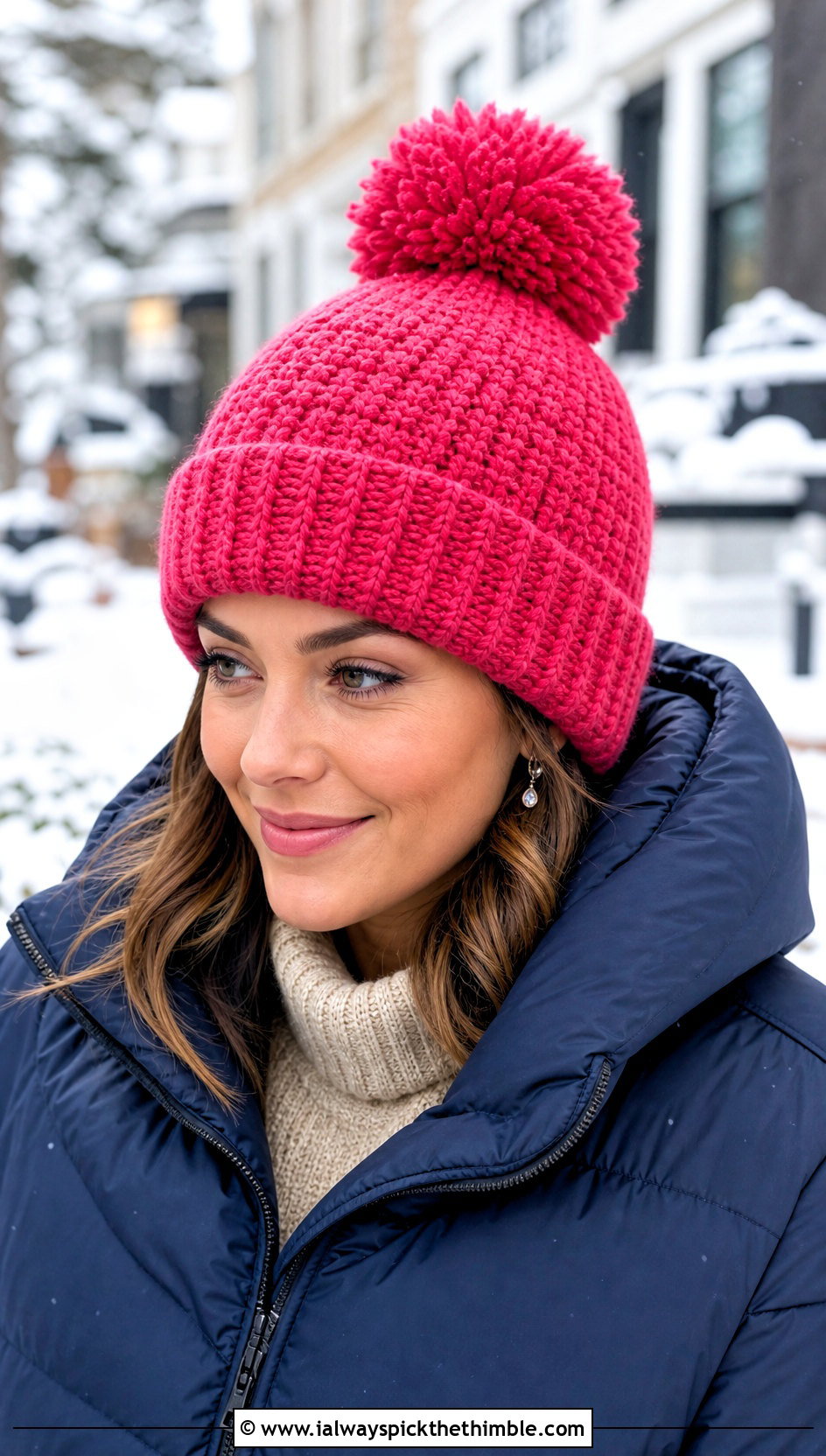 Pink Pom Pom Crochet Beanie With Puffer Jacket - 25 pink crochet beanie outfit ideas