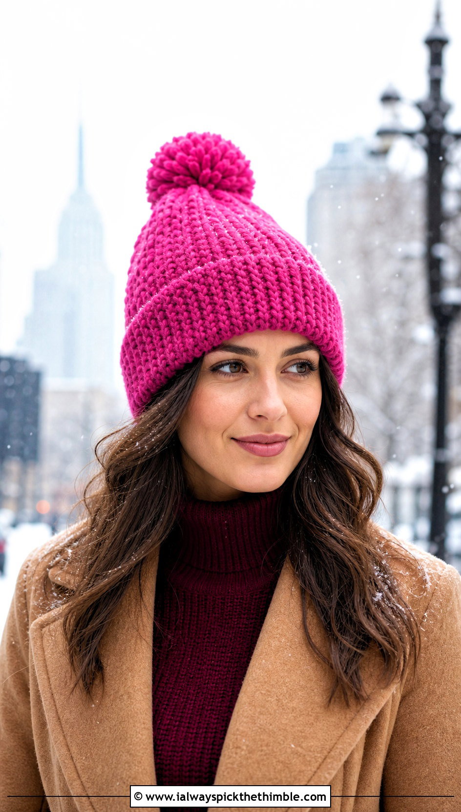 Pink Pom Pom Crochet Beanie With Wool Coat - 25 pink crochet hat outfit ideas