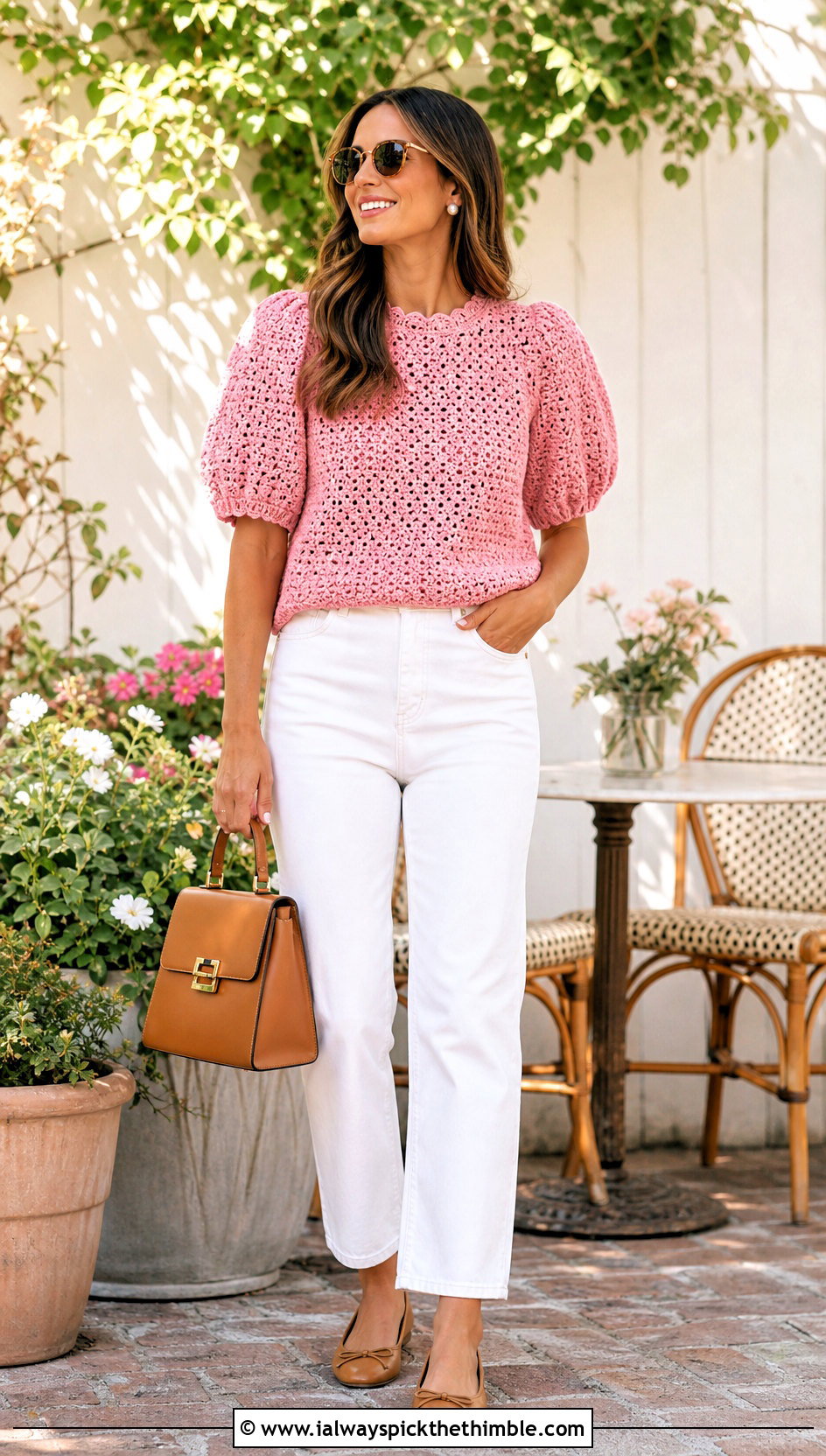 Pink Puff Sleeve Crochet Top With White Jeans - 15 pink summer crochet top outfit ideas