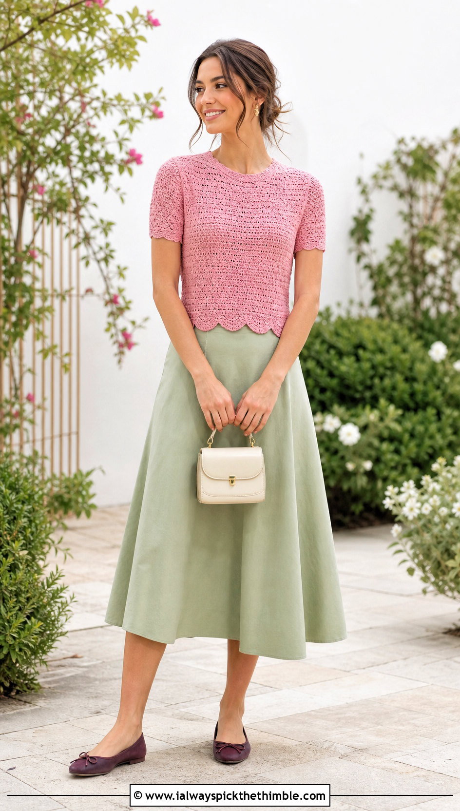 Pink Scallop Hem Crochet Top With A Line Skirt - 25 pink crochet top outfit ideas