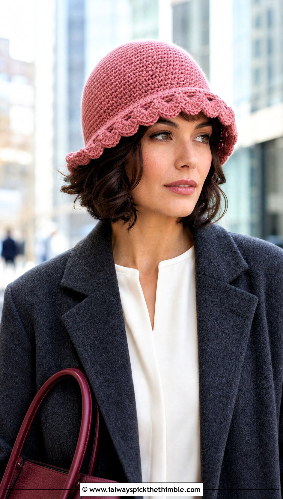 Pink Scalloped Crochet Cloche With Pencil Skirt - 25 pink crochet hat outfit ideas