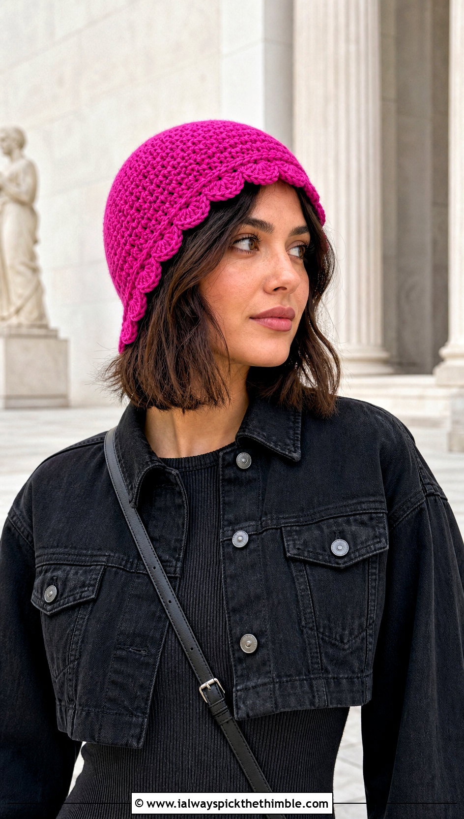 Pink Scalloped Edge Crochet Beanie With Midi Dress - 25 pink crochet beanie outfit ideas