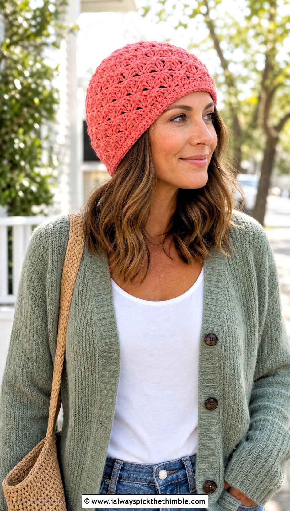 Pink Shell Stitch Crochet Beanie With Cardigan And Jeans - 25 pink crochet beanie outfit ideas