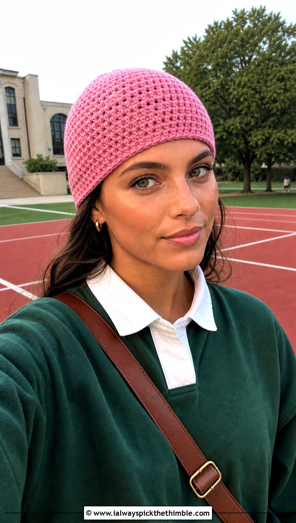 Pink Skullcap Crochet Beanie With Rugby Shirt - 25 pink crochet beanie outfit ideas